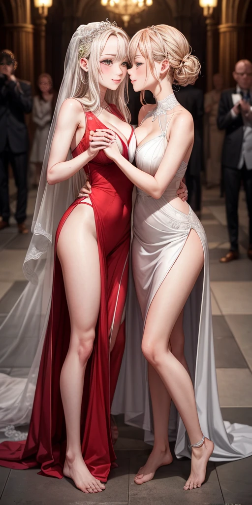 Body position: Standing, straight, symmetrical, barefoot, Lustful smile on face with red blush, 2 girls like Cassia Orsellio white pale skin with red eyes who gets married and stands in front of many people, nsfw, kissing