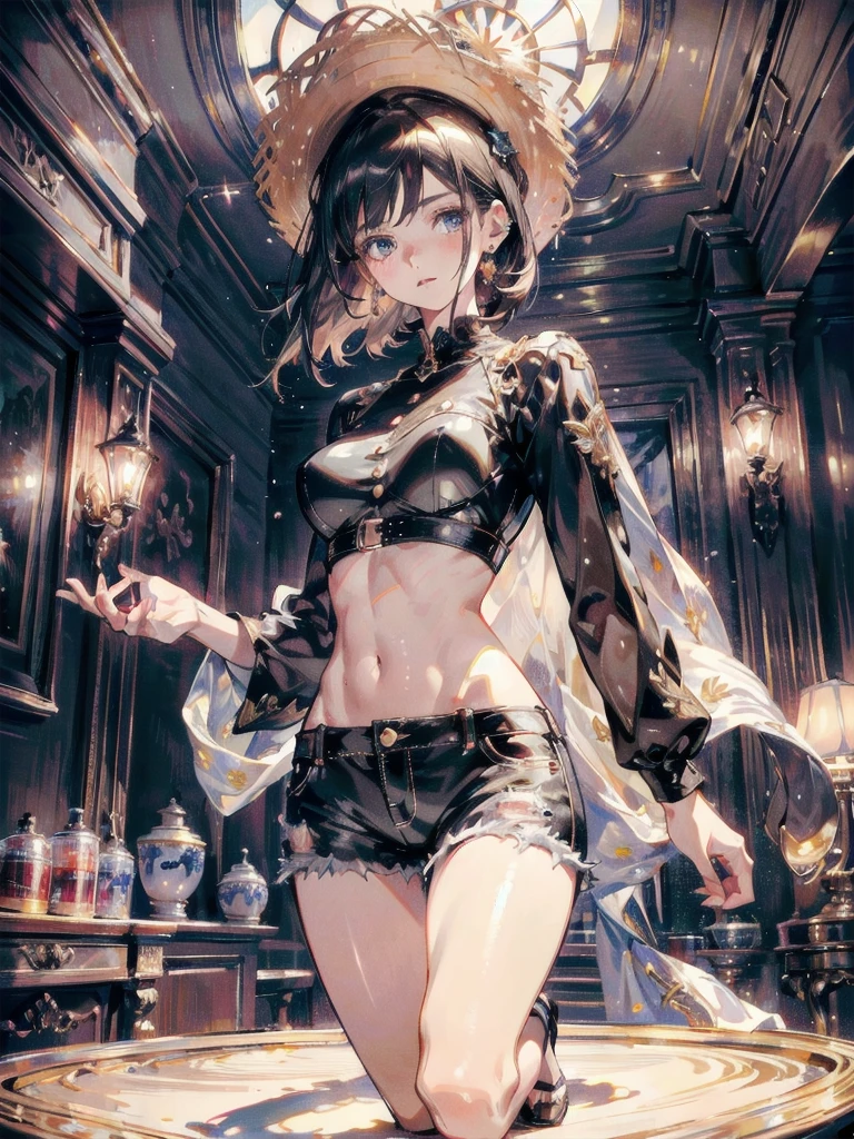 absurdres, RAW photo, extremely delicate and beautiful, masterpiece, Best Quality, ultra high resolution, 32k, hyperrealistic, ultra-detailed, perfect anatomy, super Detailed skin, perfect figure, Super Beauty, Perfect Style, Perfect balance, Beautiful Lighting, Perfect Lightning, Realistic Shadows, 20 years old, very Slim body, narrow waist, very small head, very small face, delicate facial features, handsome detailed woman, very detailed eyes and face, realistic face proportions, Realistic beautiful face, Realistic beautiful eyes, tearful mole, earring, very huge round breasts, legs, medium hair, asymmetrical hair, full body shot, indoor, blouse, crop top, shorts, straw hat,