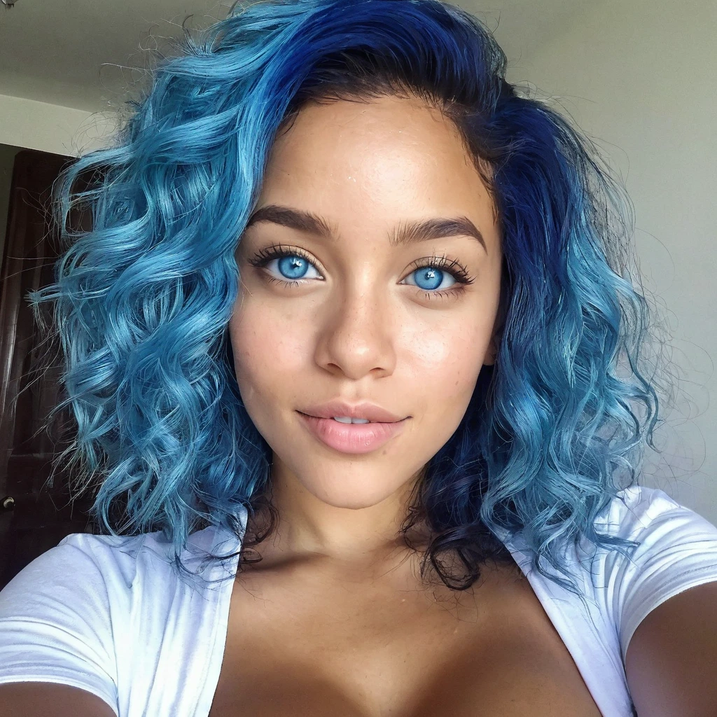 1 fille, beautiful biracial woman, blue eyes, blue hair,Résolution Haute, Gros seins, PDV, selfie