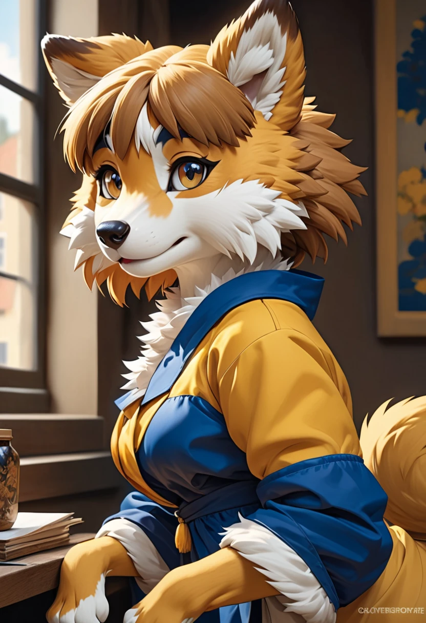 highres, top quality, best quality, paid reward available, High-quality illustrations by Johannes Vermeer, unparalleled masterpiece, perfect artwork, absurdres, perfect anatomy(highly detailed beautiful face and eyes)(angelic cute 1girl, kemono, solo focus)(furry)(furry anthro:1.7)(Furry body, dog facial features, dog body features)(very detailed body fur)full body, dynamic pose,