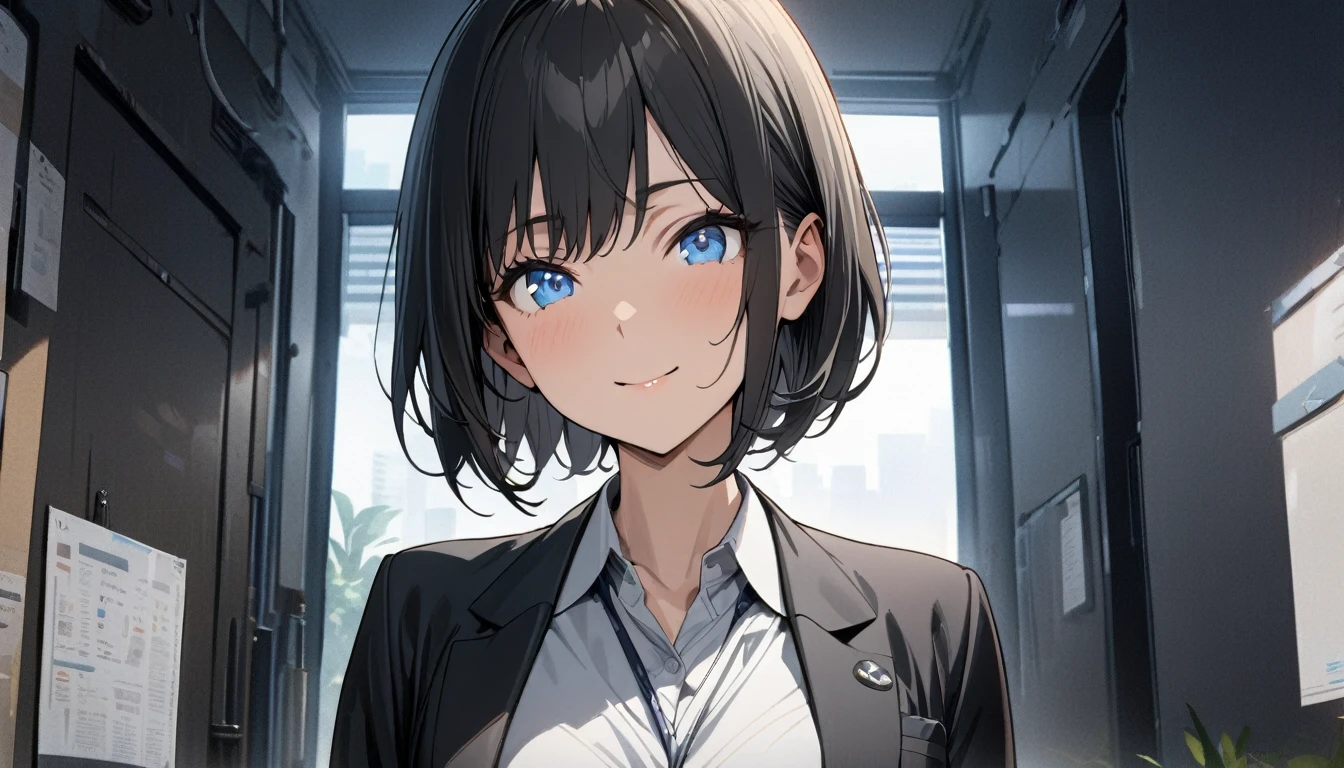 1girl, solo, gentle smile on her face flat chest, short hair, blue eyes, (detailed eyes), black hair, upper body, ((masterpiece, illustration, best quality)) ((best quality)), ((masterpiece)), (detailed), perfect face, Office lady, black hair, short hair, office suit, ultra high resolution, ultra high details