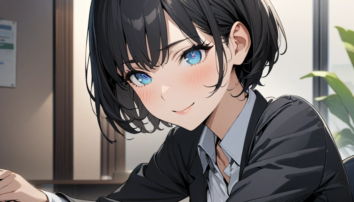 1girl, solo, gentle smile on her face flat chest, short hair, blue eyes, (detailed eyes), black hair, upper body, ((masterpiece, illustration, best quality)) ((best quality)), ((masterpiece)), (detailed), perfect face, Office lady, black hair, short hair, office suit, ultra high resolution, ultra high details