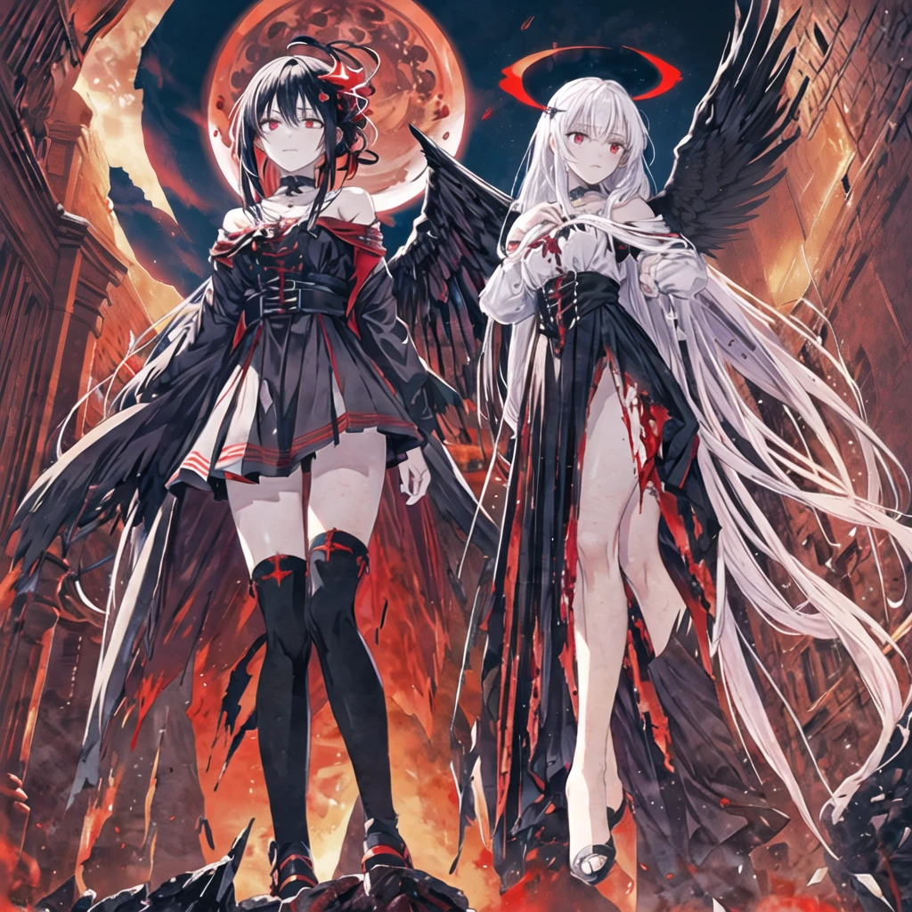 Masterpiece, top quality, bright colors, one girl, white hair, black hair, magenta hair, red eyes, glowing eyes, dark atmosphere, black wings, black halo, fallen angel, from below, descending from heaven, gothic clothes, looking down , Blood, ((Blood Moon, Red Moon))), Purple Aura, Divine Advent, Fire, Cinematic Lighting, Glowing Aura Lighting, Full Body, Spectacular Background, starrystarscloudcolorful