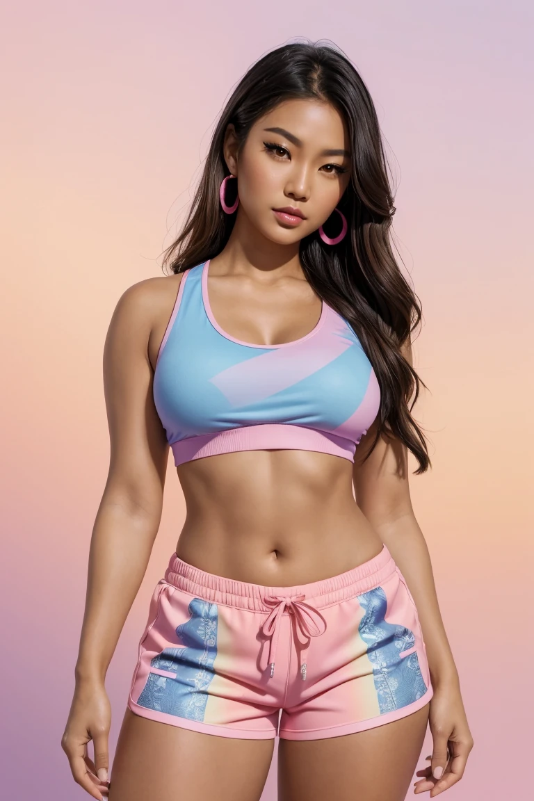 (Sexy tanned Polynesian|Asian woman, 1 girl:1.2, thicc hourglin this figure, perfect eyeliner:1.2), (work of art:1.4, best qualityer), medium breasts, unity wallpaper 8k, ultra detailded, (pastel background, wearing gym shorts and colorful tank top:1.3), Attractive posing, trunk, in this, beautiful and aesthetic, detailded, standing alone