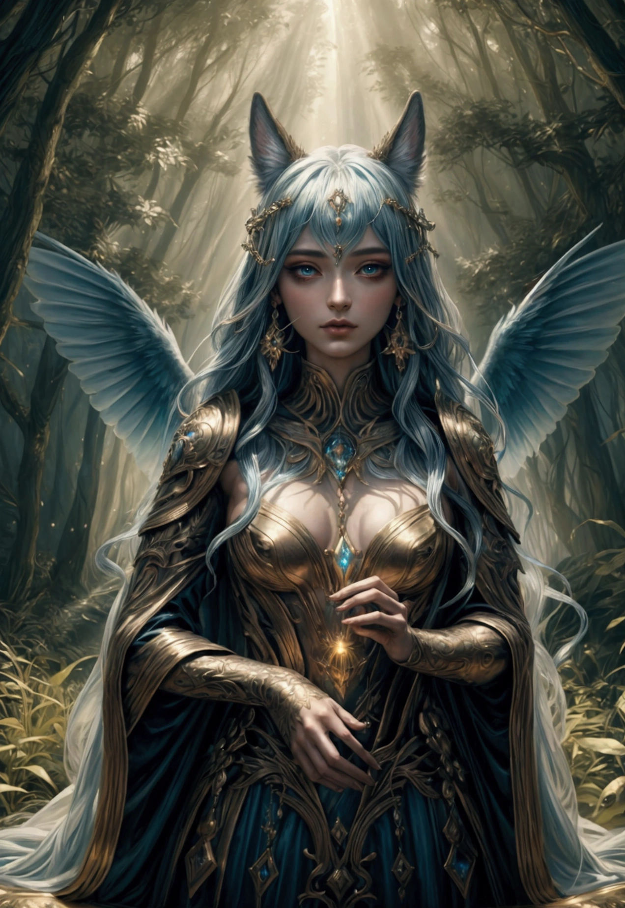 A beautiful, enchantingly elusive humanoid faunus woman, every aspect exudes magic in the midst of danger: shimmering rainbow fur, ethereal golden horn, and eyes that seem to hold the secrets of the universe. The mystical creature is surrounded by a lush, enchanted forest, bathed in the soft light of the setting sun, creating a dreamlike atmosphere that transports viewers to a realm of fantasy and wonder. This breathtaking image is a digital painting that captures the essence of the mythical creature with stunning detail and masterful technique, making it a truly mesmerizing work of art.