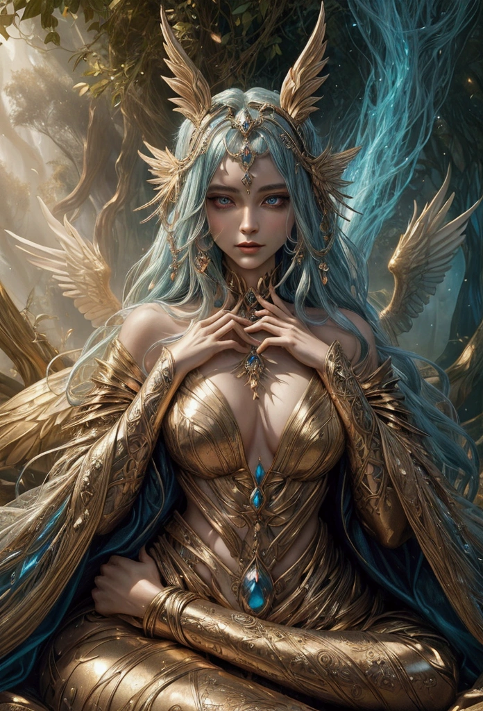 A beautiful, enchantingly elusive humanoid faunus woman, every aspect exudes magic in the midst of danger: shimmering rainbow fur, ethereal golden horn, and eyes that seem to hold the secrets of the universe. The mystical creature is surrounded by a lush, enchanted forest, bathed in the soft light of the setting sun, creating a dreamlike atmosphere that transports viewers to a realm of fantasy and wonder. This breathtaking image is a digital painting that captures the essence of the mythical creature with stunning detail and masterful technique, making it a truly mesmerizing work of art.