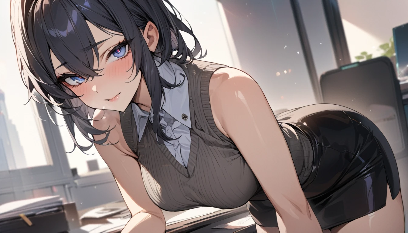 (((masterpiece))),(((High resolution)))、Beautiful office lady wearing sleeveless sweater and pencil skirt, Looking at the camera, ((Top quality eyes)), Detailed face, ((Detailed Texture)), hentai face
