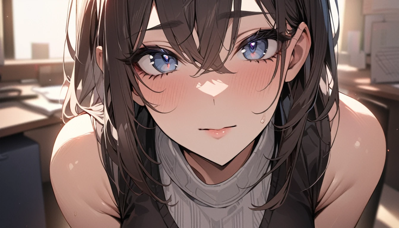 nsfw,1 girl,Androgynous,tan,tanlines,downblouse,upper body, Brat,masterpiece,best quality,very aesthetic,absurdres,light Areola,skin,extended_downblouse, frontbend,shirt,hand,