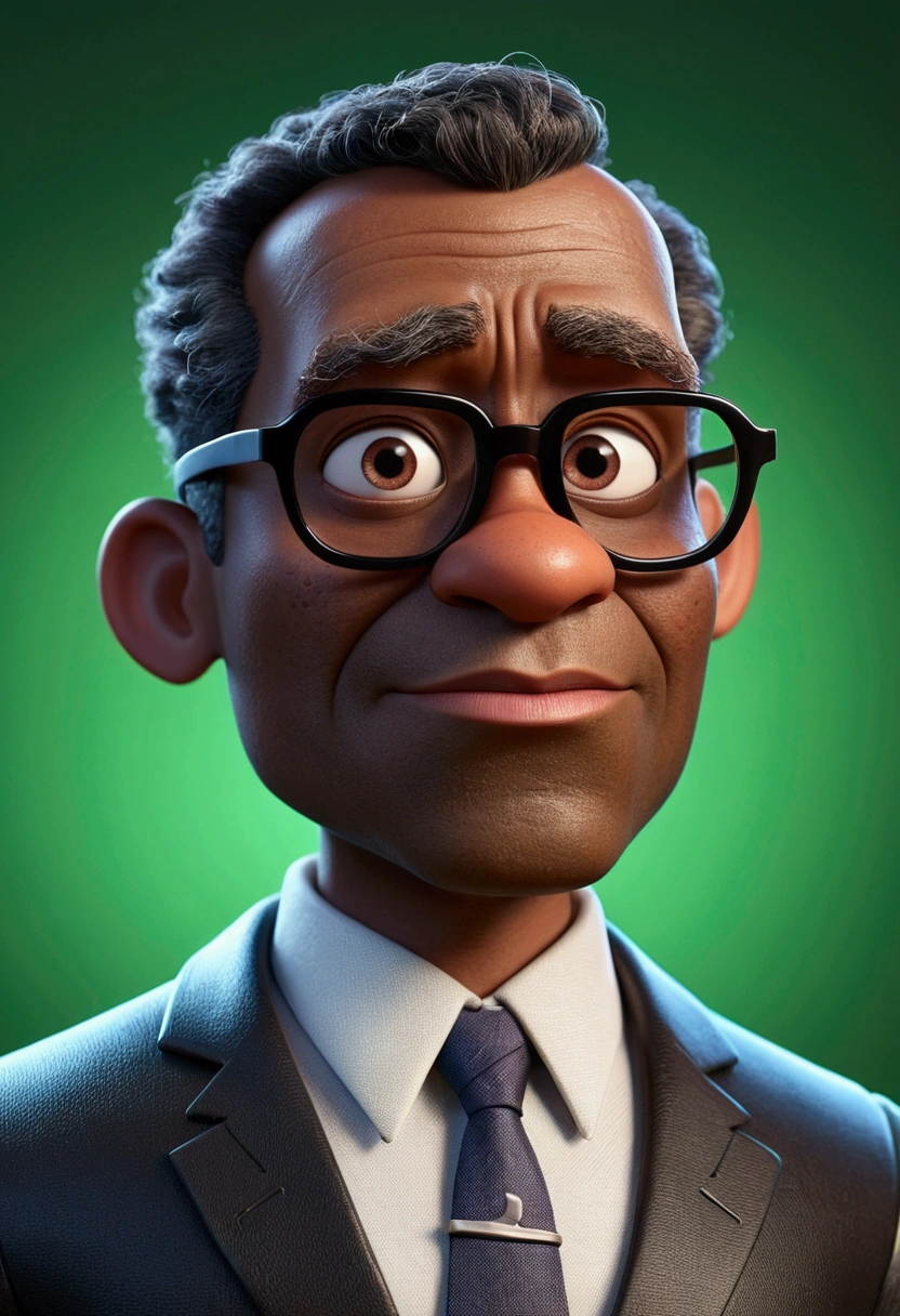 Cartoon character of a 30 tears old black man wearing black glasses and suit, um personagem animado, Caractere estilizado, animation style rendering, 3D estilizado, Arnold Maya render, 3 d render stylized, toon render keyshot, Personagem 3D, Personagem 3D, 3d rendering stylized, 3 d character render, personagem de desenho animado, Personagem de close up, Pose de personagem, (Estilo Pixar) (master part:1. 2) (Bokeh) (best quality) (pele detalhada) (textura detalhada) (8k) (argila) (Cinematic lighting) (foco nítido，Senta e vaza a parte superior do corpo