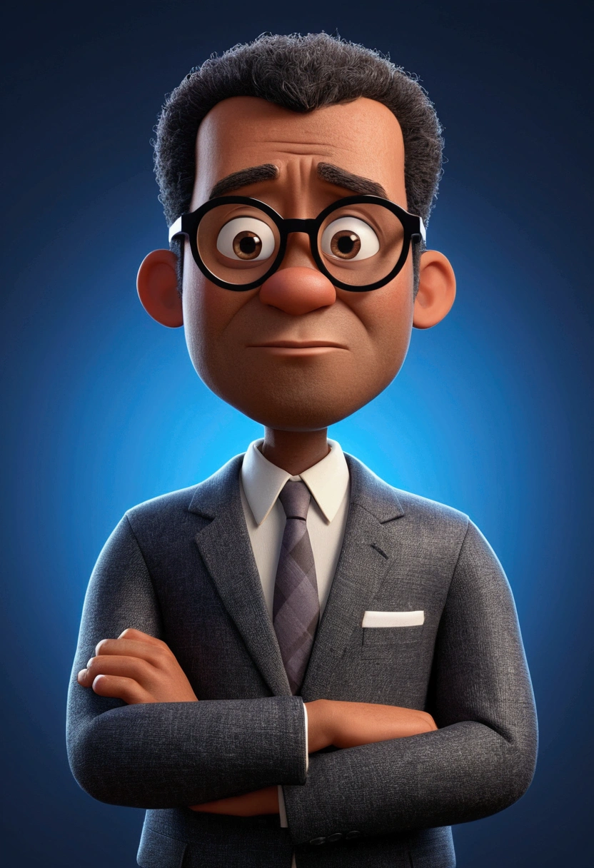 Cartoon character of a 30 tears old black man wearing black glasses and suit, um personagem animado, Caractere estilizado, animation style rendering, 3D estilizado, Arnold Maya render, 3 d render stylized, toon render keyshot, Personagem 3D, Personagem 3D, 3d rendering stylized, 3 d character render, personagem de desenho animado, Personagem de close up, Pose de personagem, (Estilo Pixar) (master part:1. 2) (Bokeh) (best quality) (pele detalhada) (textura detalhada) (8k) (argila) (Cinematic lighting) (foco nítido，Senta e vaza a parte superior do corpo