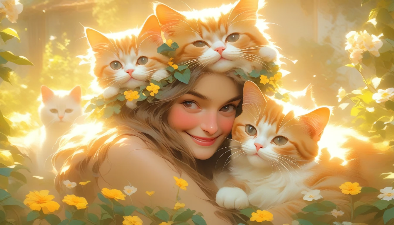 ((Masterpiece)), ((Best Quality)), (Very Detailed), ((Very Detailed)), 4K, (8K), very aesthetic, absurdres highres, On a sunny day with blue skies and clouds floating in the sky, the island is full of cats. You can see many cats. The cats play in the meadows and flower fields and run through the trees. The blue sea surrounds the island and the sound of waves crashing on the rocks can be heard. The cats' fur reflects the light, creating a joyful, relaxed atmosphere in the natural sunlight.”