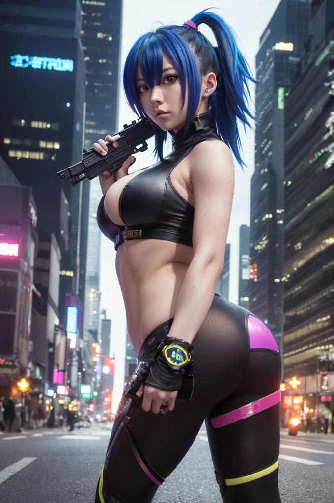 masterpiece, cyberpunk, crowd, city, night, neon light, toned, sci-fi, extremely detailed 8k wallpaper, 1girl, holding gun, battle, multicolored hair, blue hair, short hair, yellow eyes, two-tone hair, streaked hair, xenovia quarta dxd