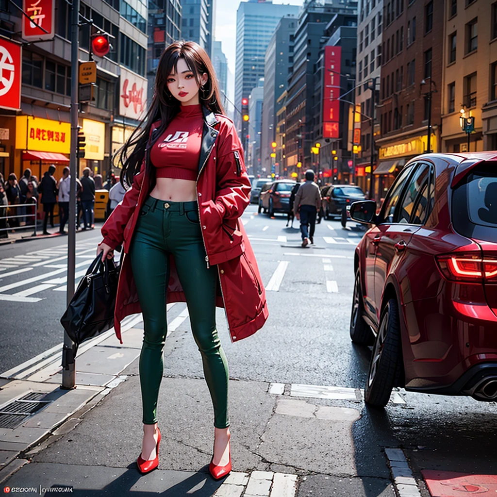 1woman, red crop jacket, Long hair red, red lipstick, red eyes, green skinny pant, full body, full body view, make up face,
