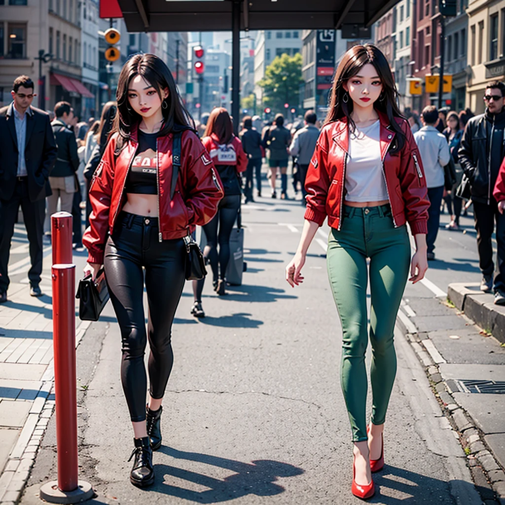1woman, red crop jacket, Long hair red, red lipstick, red eyes, green skinny pant, full body, full body view, make up face,