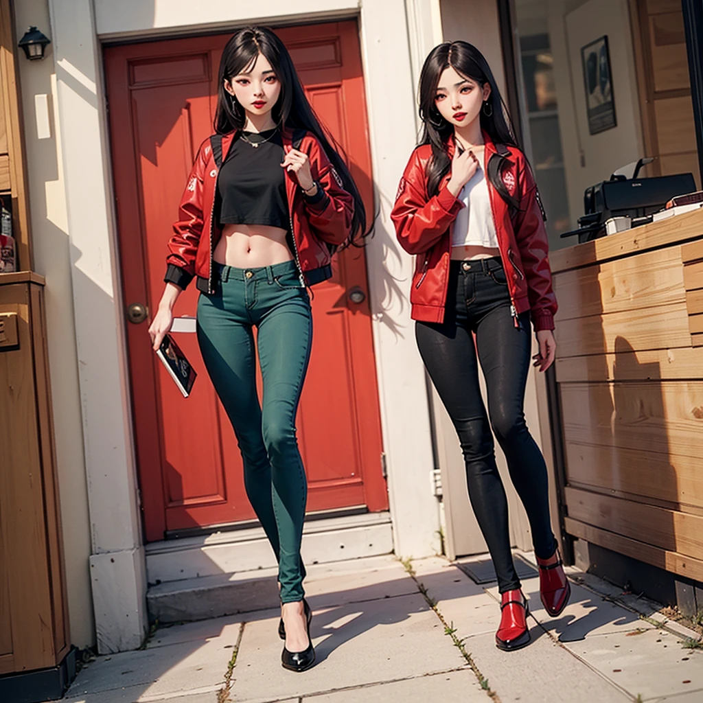 1woman, red crop jacket, Long hair red, red lipstick, red eyes, green skinny pant, full body, full body view, make up face,