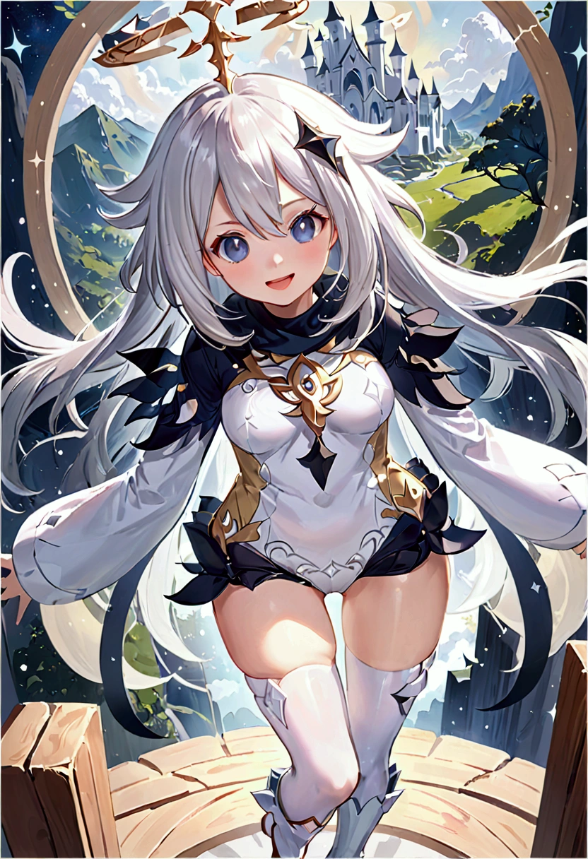 (Realistic painting style:0.9), ( painting style:0.9), (best quality), absurdres, looking at viewer, no pupils, (detailed eyes), alternate costume,(masterpiece), expressive eyes, perfect face medium breasts,1girl JK, score_9, score_8_up, score_7_up, score_6_up, smile, open mouth, happy, thighhighs, paimon (genshin impact), long sleeves, white dress, dress, halo, thighhighs under boots, single thighhigh, bangs, boots, hair between eyes, white footwear, white thighhighs, white hair