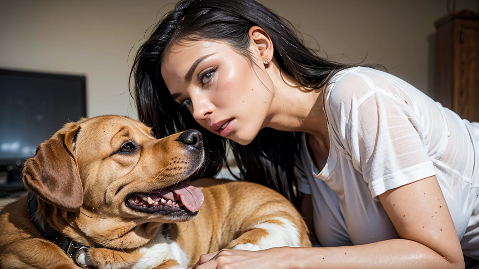 dog with tongue on girl&#39;s butt