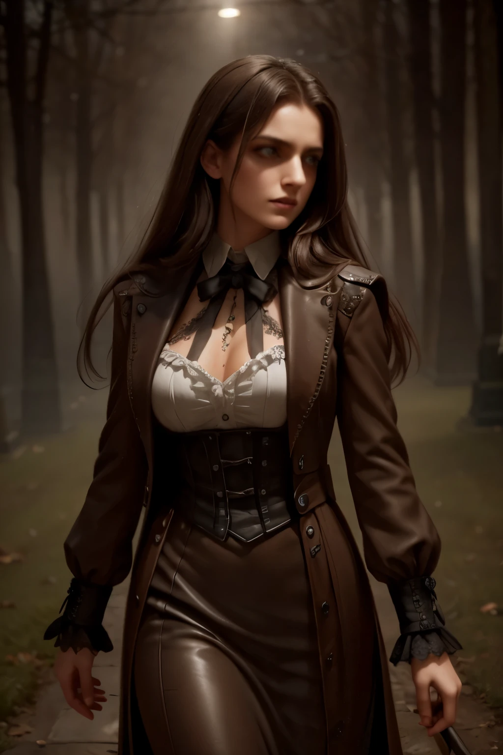 Cinematic, Vampire slayers, walks in an Gothic cemetery at night wearing a gothic steampunk fashion dress, fog and rainy condition, ghostly atmosphere, 1800s, (high skin detail: 1.2), ultra-detailed, photo-realistic, depth of field, cinematic lighting, IMAX camera, HDR, DTM, Full HD, 8k , captured in ultra high resolution with photorealistic and beautiful lighting. This masterpiece is of the best quality and is set against a zentangle abstract background (weighted at 1.4).