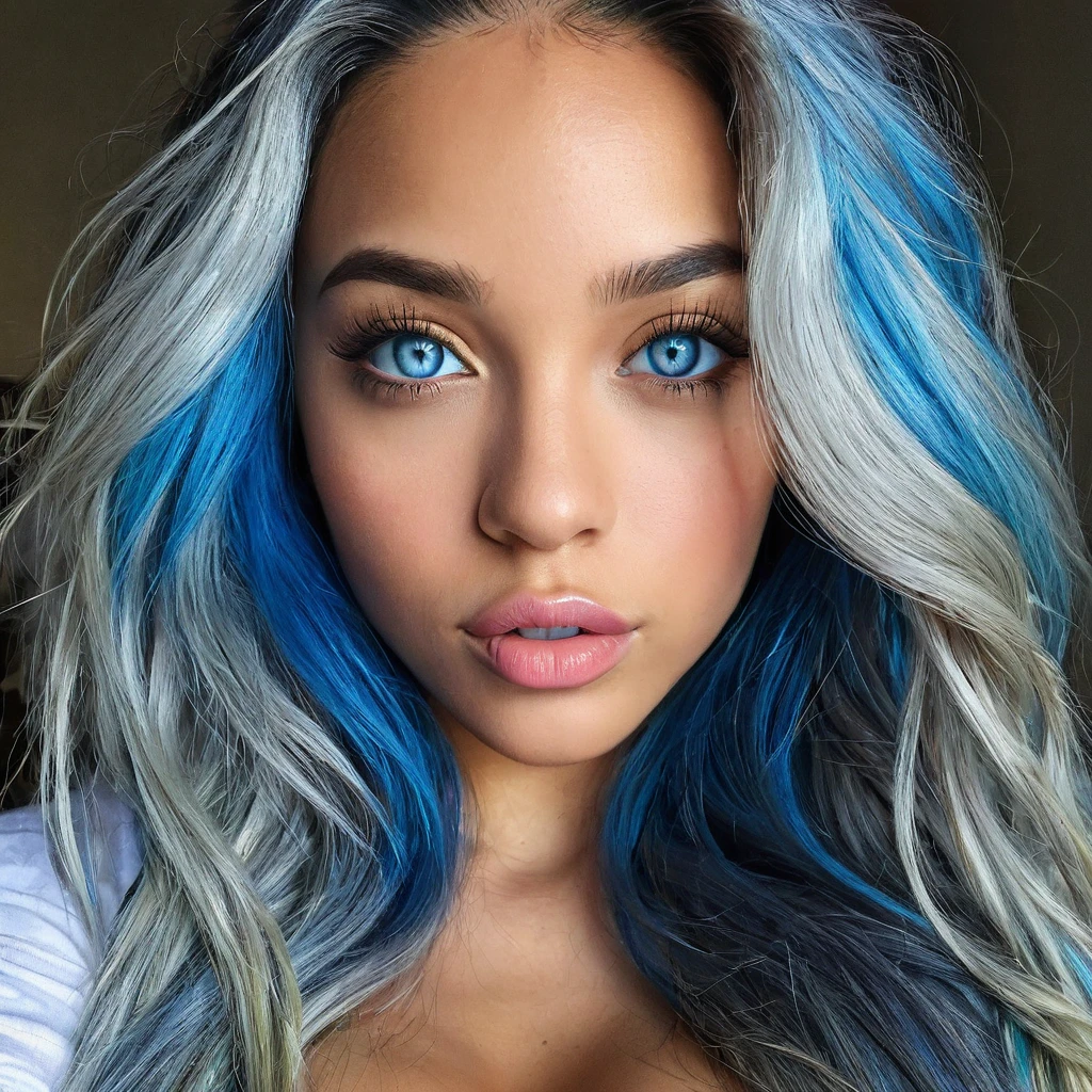 a beautiful biracial woman, 1girl, long blue hair, blue eyes, detailed facial features, beautiful detailed eyes, beautiful detailed lips, extremely detailed face, longeyelashes, large breasts, high resolution, photorealistic, selfie, closeup, studio lighting, professional photography, vivid colors, masterpiece