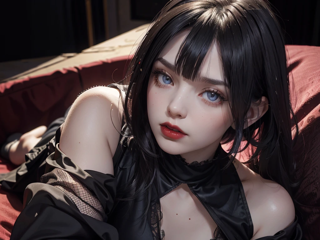 (best quality,highres),(realistic:1.37),dark,goth,woman, eyes,detailed face,black clothes,bobcut black hair,straight bangs,pale skin,red lipstick,intense expression,mysterious atmosphere,gothic background,dim lighting,night,vivid colors, fishnets, topless, fullbody, on her hands and knees, submissive girl, thick thigs, imminent deepthroat, cumshot pose,