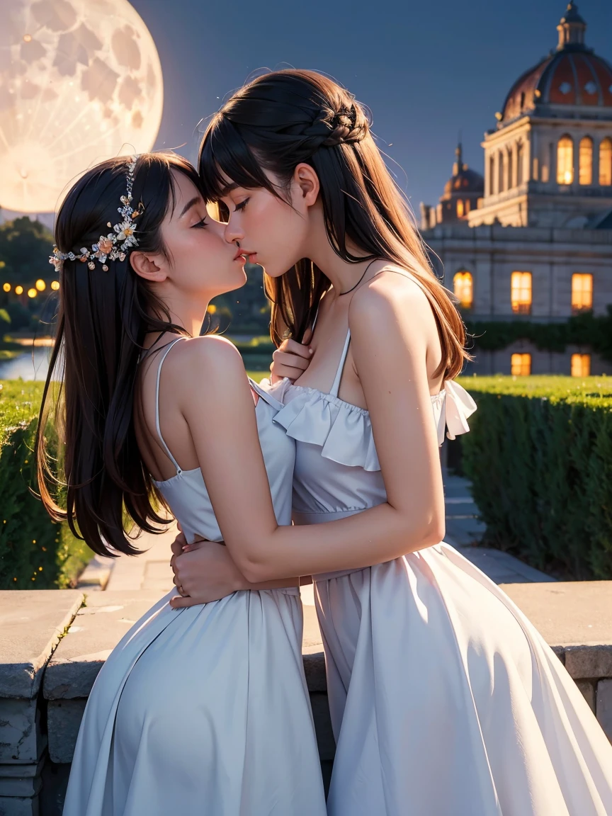 (masterpiece, best quality:1.5), perfect anatomy, two school girls are deeply in love with each other, kiss, romantic atmosphere, flower and moon, magnificent panorama view