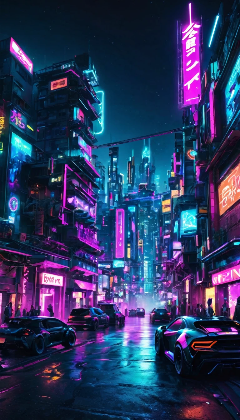 cyber punk city street , neon lights , lights shining , futuristic cars , wide-angle shot , ultrarealistic , night life , hills in background behind the buildings 