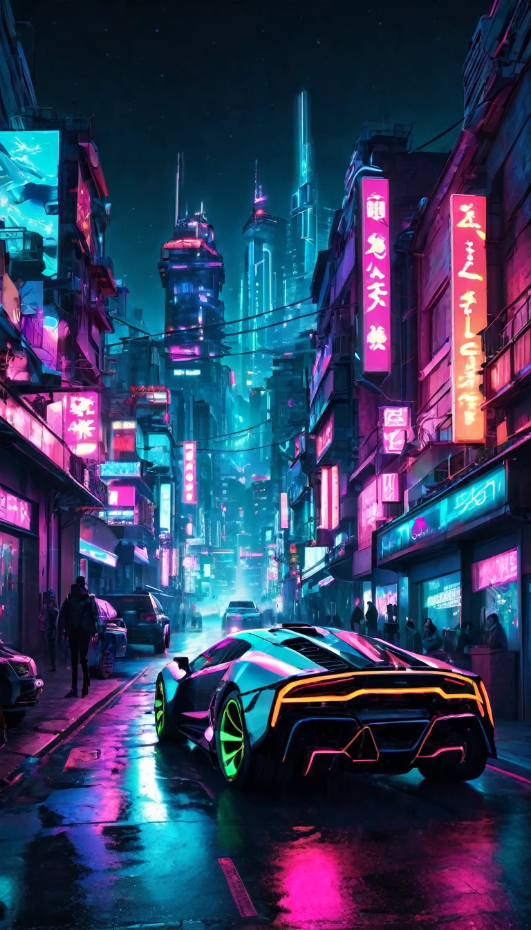 cyber punk city street , neon lights , lights shining , futuristic cars , wide-angle shot , ultrarealistic , night life , hills in background behind the buildings 