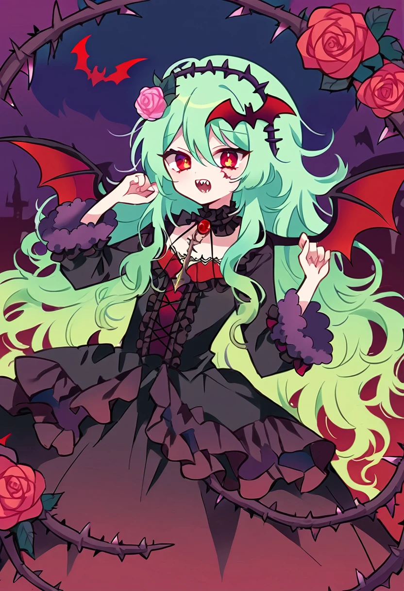 pastel green hair, red eyes, pale, vampire, vampire teeth, bat and thorn hair accessories, black dress with ruffles and lace, beads, thorns, roses, long fluffy hair,