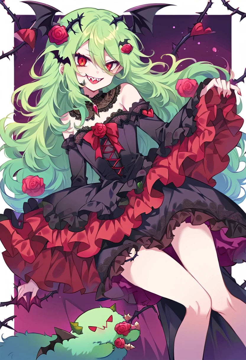pastel green hair, red eyes, pale, vampire, vampire teeth, bat and thorn hair accessories, black dress with ruffles and lace, beads, thorns, roses, long fluffy hair,