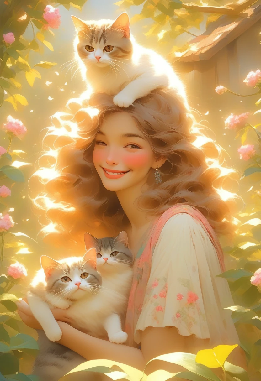 ((Masterpiece)), ((Best Quality)), (Very Detailed), ((Very Detailed)), 4K, (8K), very aesthetic, absurdres highres, On a sunny day with blue skies and clouds floating in the sky, the island is full of cats. You can see many cats. The cats play in the meadows and flower fields and run through the trees. The blue sea surrounds the island and the sound of waves crashing on the rocks can be heard. The cats' fur reflects the light, creating a joyful, relaxed atmosphere in the natural sunlight.”