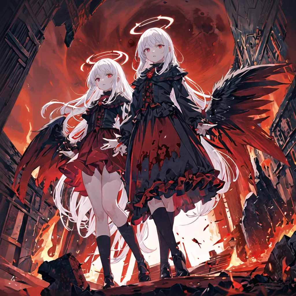 Masterpiece, top quality, bright colors, one girl, white hair, black hair, magenta hair, red eyes, glowing eyes, dark atmosphere, black wings, black halo, fallen angel, from below, descending from heaven, gothic clothes, looking down , Blood, ((Blood Moon, Red Moon))), Purple Aura, Divine Advent, Fire, Cinematic Lighting, Glowing Aura Lighting, Full Body, Spectacular Background, starrystarscloudcolorful
