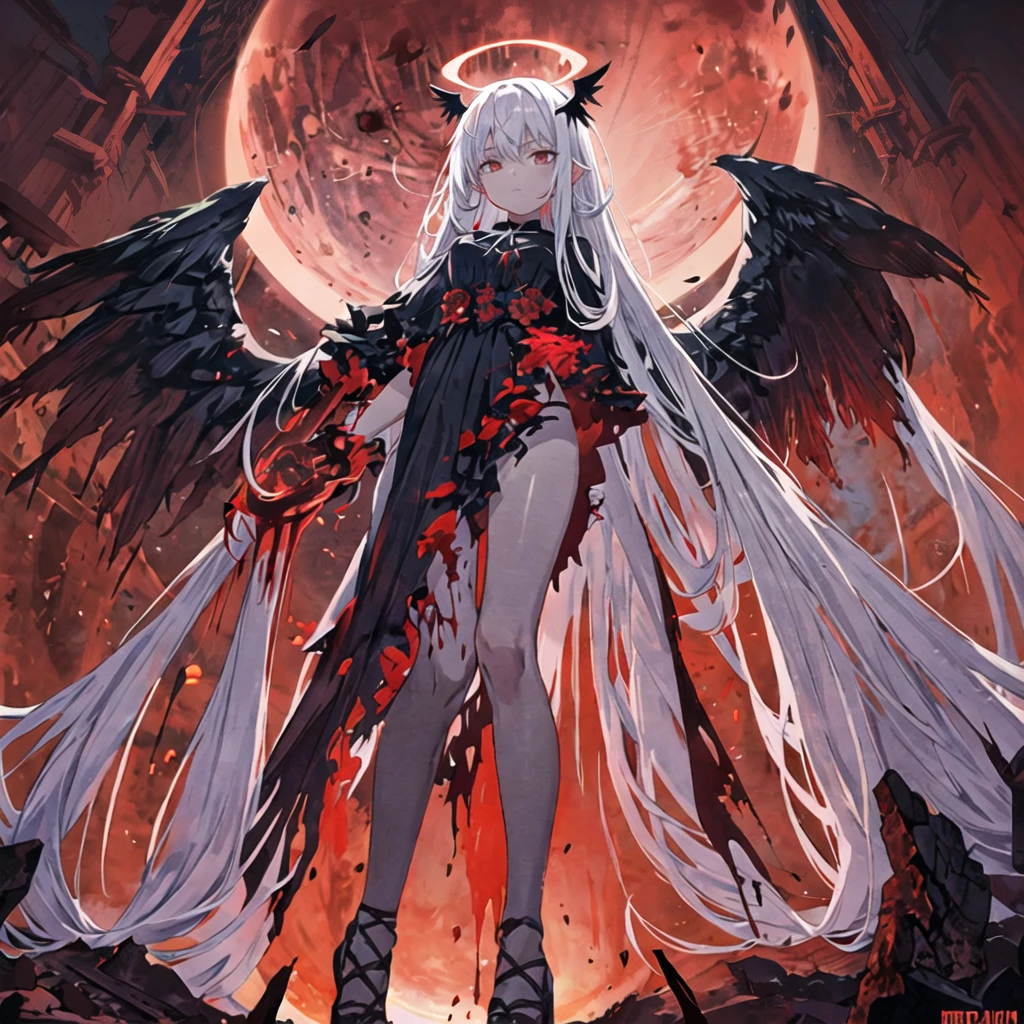 Masterpiece, top quality, bright colors, one girl, white hair, black hair, magenta hair, red eyes, glowing eyes, dark atmosphere, black wings, black halo, fallen angel, from below, descending from heaven, gothic clothes, looking down , Blood, ((Blood Moon, Red Moon))), Purple Aura, Divine Advent, Fire, Cinematic Lighting, Glowing Aura Lighting, Full Body, Spectacular Background, starrystarscloudcolorful