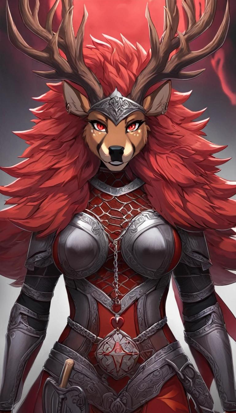 A goddess kemono adventurer in full suit of dark metal armor and chain mail ornamented with intricate runic carvings, adorned with a (((red deer crest ornament))), hourglass body, its mane a (blood-red hue), poised with weapons drawn, evoking a sense of expertly crafted fantasy