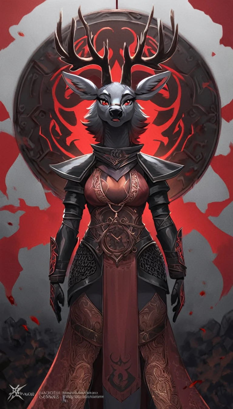A goddess kemono adventurer in full suit of dark metal armor and chain mail ornamented with intricate runic carvings, adorned with a (((red deer crest ornament))), hourglass body, its mane a (blood-red hue), poised with weapons drawn, evoking a sense of expertly crafted fantasy