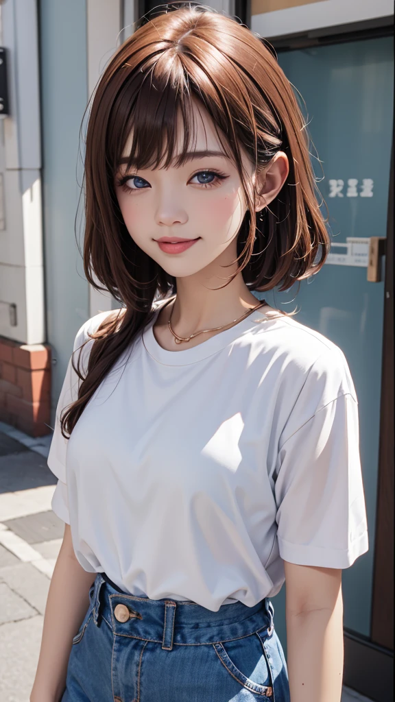 a woman in a white shirt with brown hair is smiling into the camera, 1girl, solo, brown hair, one eye closed, smile,Cheerful girl