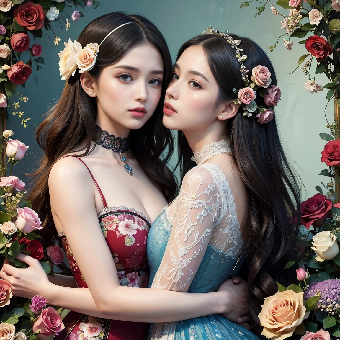 (masterpiece, highest quality, highest quality, official art, beauty and aesthetic: 1.2), (two girls is deeply in love with each other, kiss: 1.3), very detailed, (fractal art: 1.1), (color: 1.1) (flowers: 1.3), most detailed,
