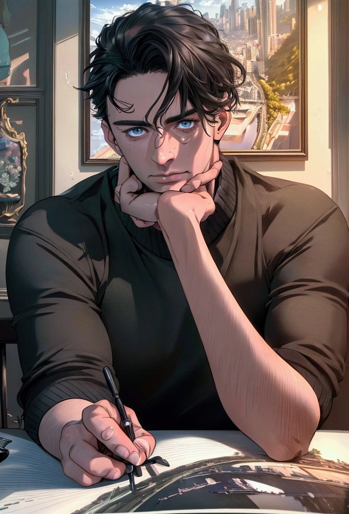 (Best Quality,4k,8k,high resolution,Masterpiece:1.2),ultra detailed,(realist,photorealist,photo-realist:1.37),1 man,31 years,mature man,very handsome,without expresion,muscled body,short gray black hair,Blue eyes,glare,perfect face without mistakes,imposing posture,in a room,seated,collar sweater,cinematic lighting,imagen HDR