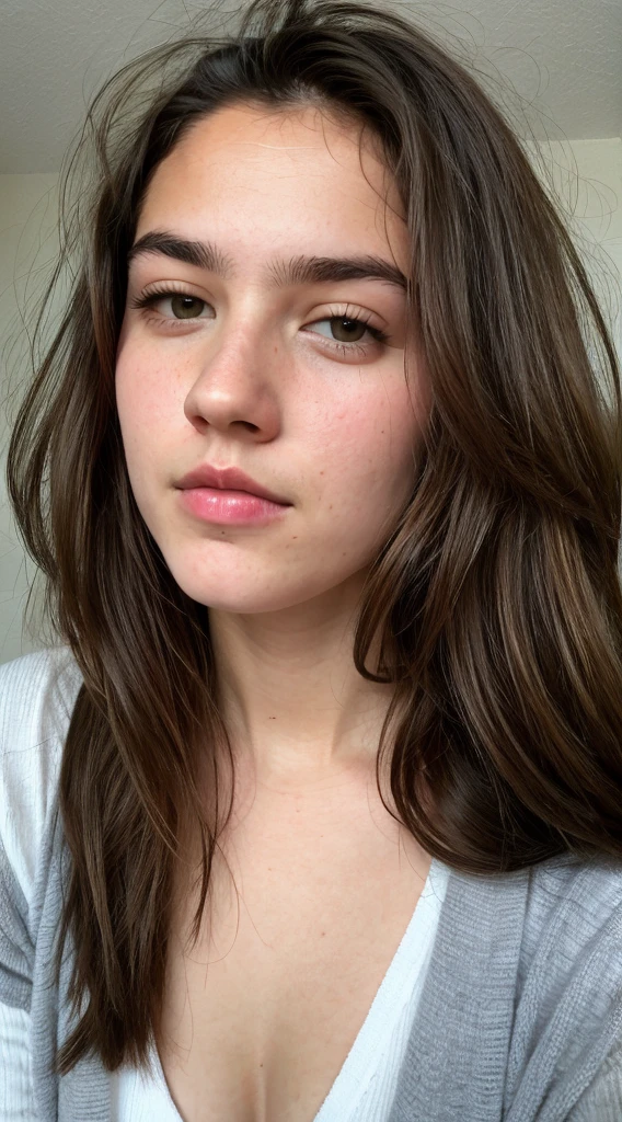 really pretty girl. Brown hair. Innocent face. Straight looking to the camera. Facing the camera. Grey eyes. Freckles. Unique face. Beautiful eyes. Thick dark eyebrows. Really Thin nose. Freckles and nice skin. Big cheekbones. Thin eyes. Tiny upper lip. Fat bottom lip. Thick dark eyebrows. Beautiful. Slanted eyes. Ultra realistic looking. Eyes not close to each other, unique eyes. Similar to Mojica belucci