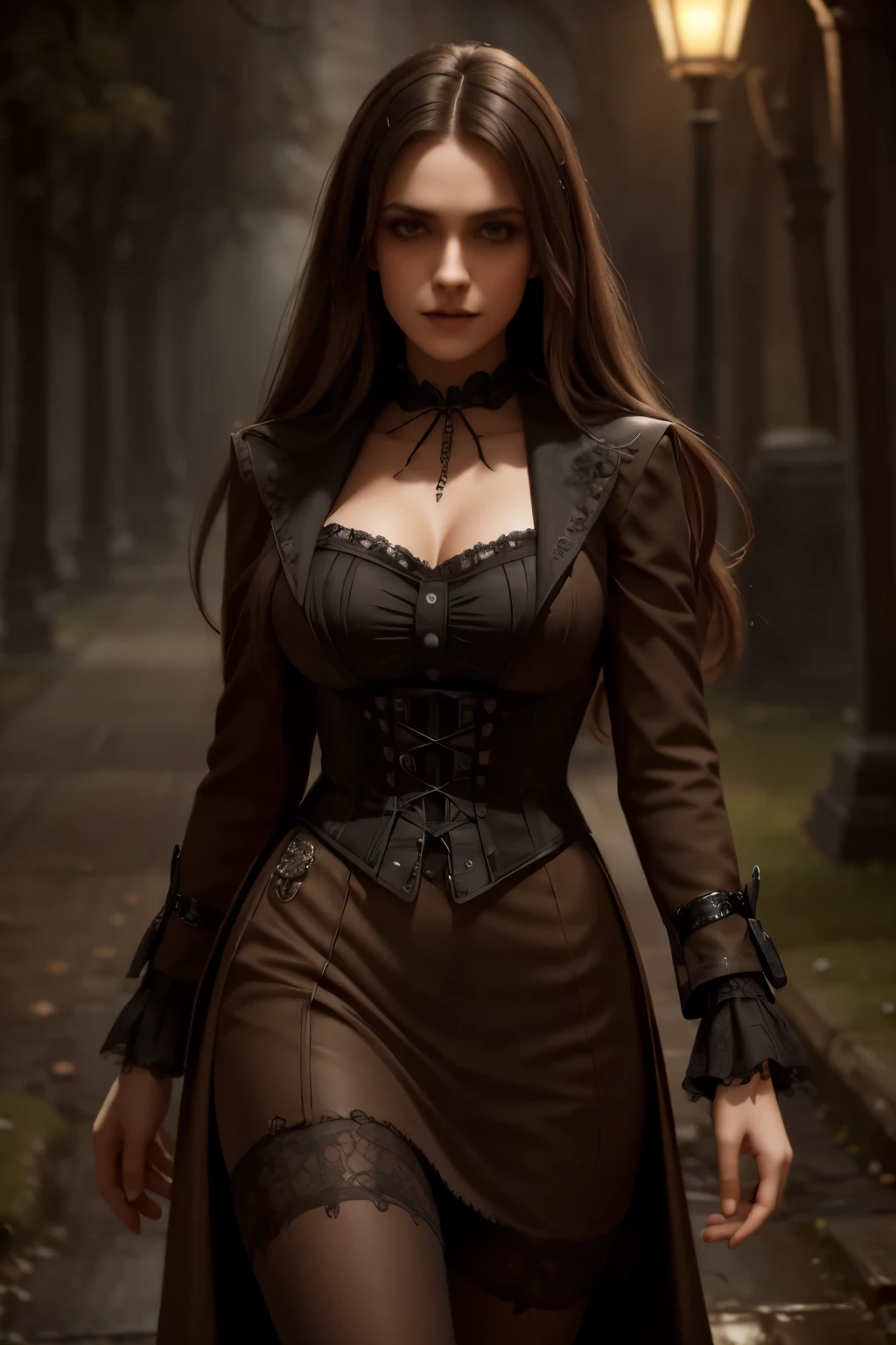 Cinematic, Vampire slayers, walks in an Gothic cemetery at night wearing a gothic steampunk fashion dress, fog and rainy condition, ghostly atmosphere, 1800s, (high skin detail: 1.2), ultra-detailed, photo-realistic, depth of field, cinematic lighting, IMAX camera, HDR, DTM, Full HD, 8k , captured in ultra high resolution with photorealistic and beautiful lighting. This masterpiece is of the best quality and is set against a zentangle abstract background (weighted at 1.4).