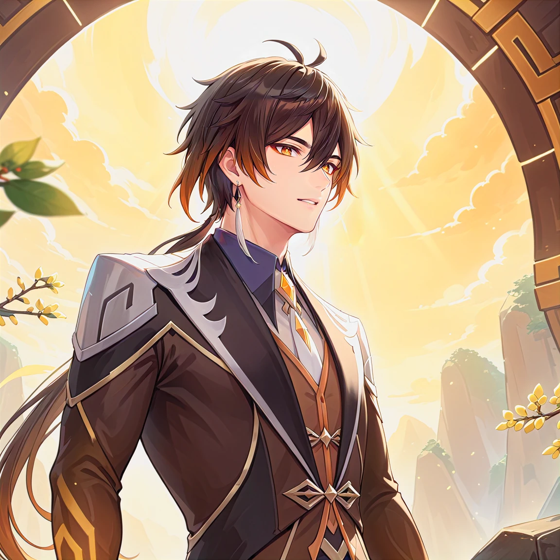 (best quality,4k,8k,highres,masterpiece:1.2),1boy, zhongli_/(archon/)_/(genshin_impact/),male focus,ultra-detailed,realistic,(dsmile:0.5),intense gold eyes,mature_male, narrow_waist,full body, by carnelian, cel shading, fantasy china background, liyue, mountains,look up at viewer, osmanthus flowers,male focus,solo,long hair,bangs,jewelry,earrings,ponytail,contemplative, thoughtful, calm, serene, red eyeliner, ultra-detailed eyes, volumetric lighting, sunset, golden illumination, wise and kind god,cinematic lighting, ray tracing, UHD, high details, high quality, award winning, super detail,vivid fantasy painting,hd color,seductive eyes,sexy eyes,narrowed eyes,lowered lashes,handsome man,small iris,honkai star rail character,godly,hot asian man,asian eyes,red eyeliner