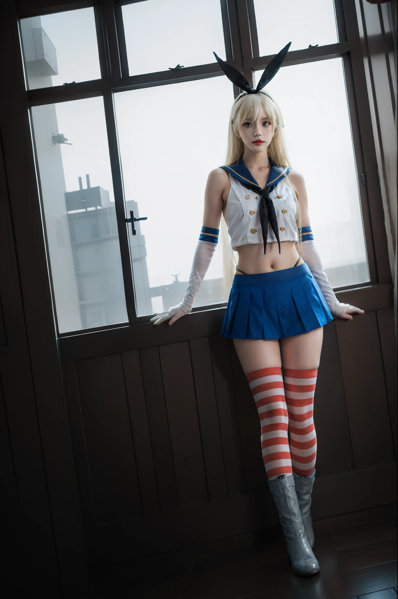 best quality, quality, masterpiece, (Realistic:1.4), One girl, shimakaze \\, (Kantai Collection\\), Elbow hand pockets, Striped knee socks, High leg panties, Blue pleated skirt, boots, Are standing, whole body, View your viewers, Detailed Background, indoor, Lavish decoration, window, Dramatic lighting, 