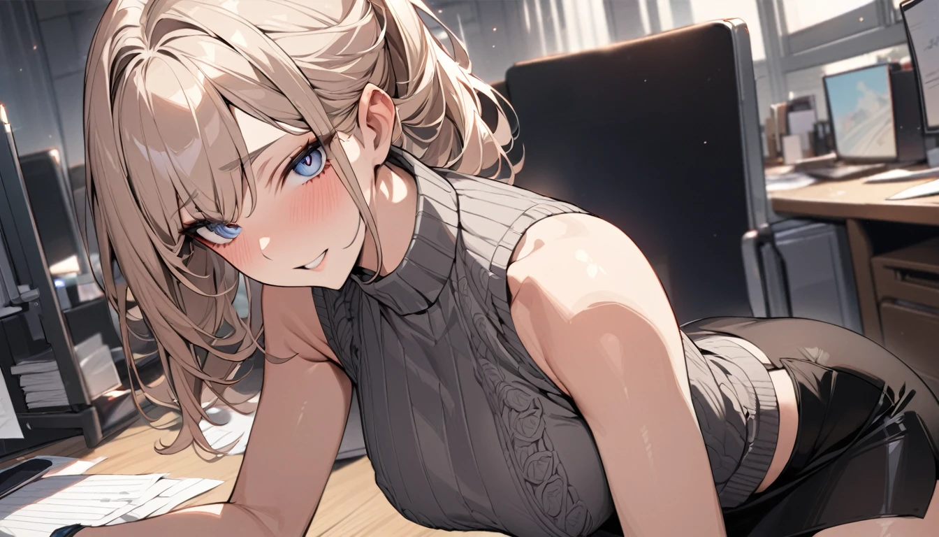 (((masterpiece))),(((High resolution)))、Beautiful office lady wearing sleeveless sweater and pencil skirt, Looking at the camera, ((Top quality eyes)), Detailed face, ((Detailed Texture)), hentai face