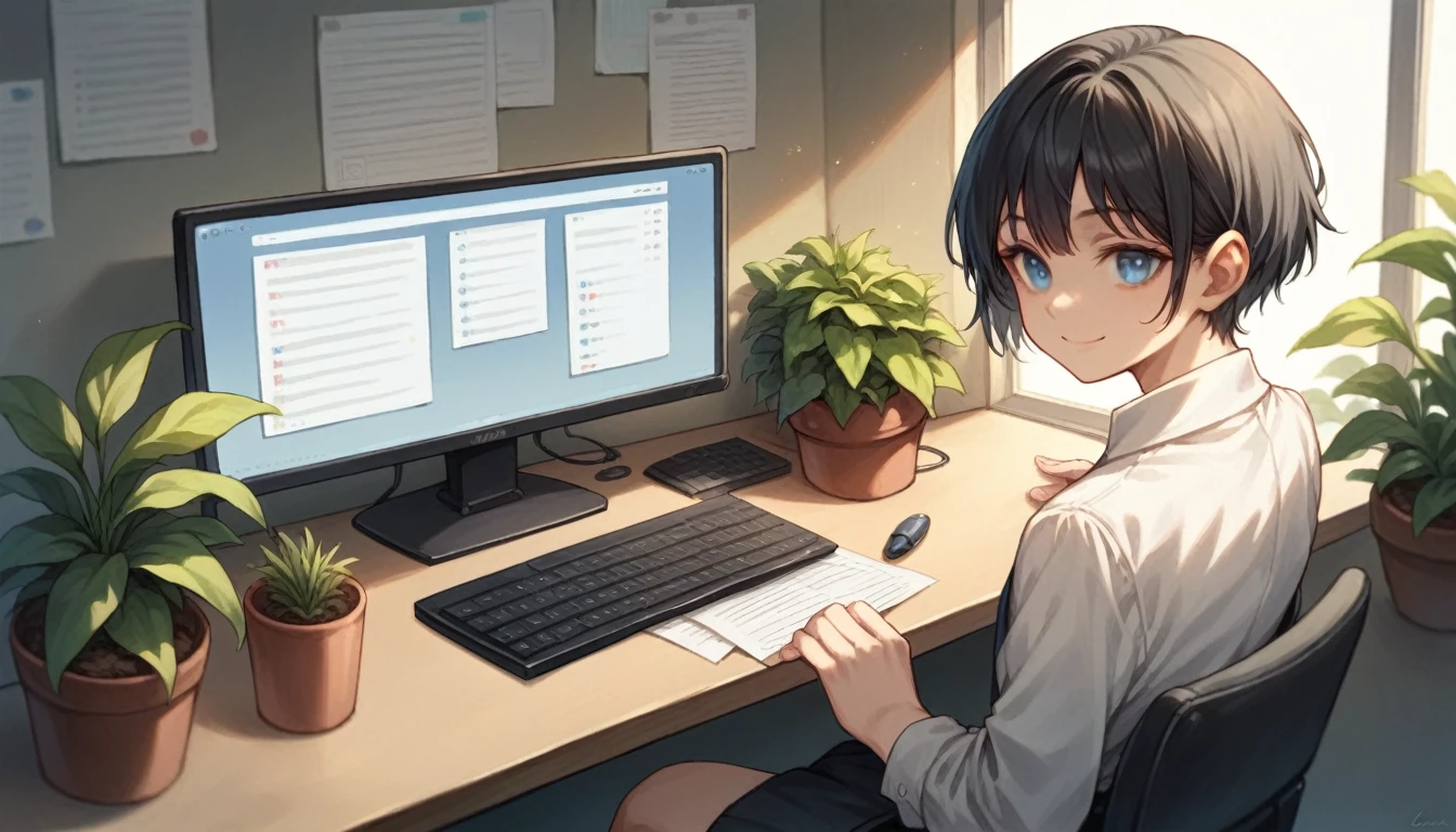 Beautiful 1girl, solo, gentle smile on her face flat chest, short hair, black hair, blue eyes, (detailed eyes), sitting in an office, surrounded by some plants and a computer right in front of her