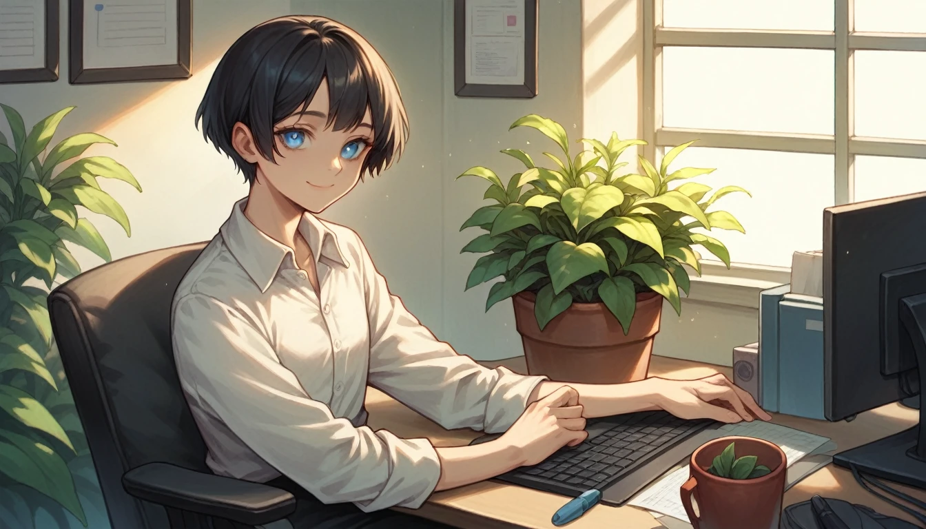 Beautiful 1girl, solo, gentle smile on her face flat chest, short hair, black hair, blue eyes, (detailed eyes), sitting in an office, surrounded by some plants and a computer right in front of her