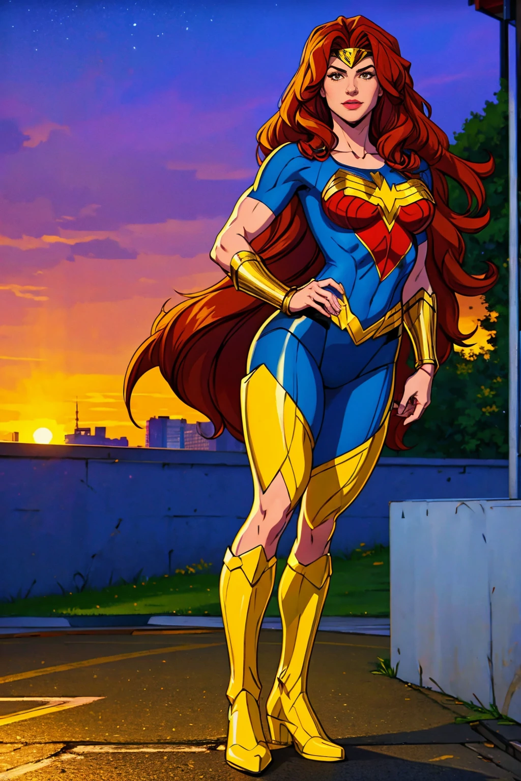 ((Full body shot, standing, feet on the ground)) ((Full body photo,standing, feet on the ground)) Wonder Woman A red-haired warrior man with yellow eyes wearing black and gold Superman armor, (best quality, 4k, 8k, high resolution, cyclist body, masterpiece: 1.2), ultra-detailed, (realistic, photorealistic, photorealistic: 1.37), full body photo, yellow high boots, voluminous hair, beauty pose, standing, show feet, outside, city roof at night, green bandana