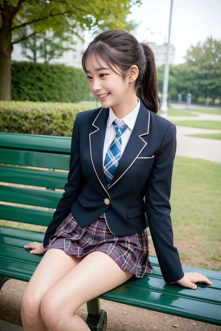 (8K), (highest quality: 1.2), (Realistic), (Realistic: 1.37), Ultra-high resolution, 1 girl, cute, (Embarrassed smile:1.2), (Blushing:1.4),Mouth closed, Beautiful details, Beautiful Nose, black straight Hair, ponytail hair, Thighs,Navel exposed,University Student Uniform,A simple blazer,Pleated skirt,(The skirt and tie are tartan check pattern.:1.3), white high socks, (sitting on a park bench:1.2),(Shiny Thighs:1.2),