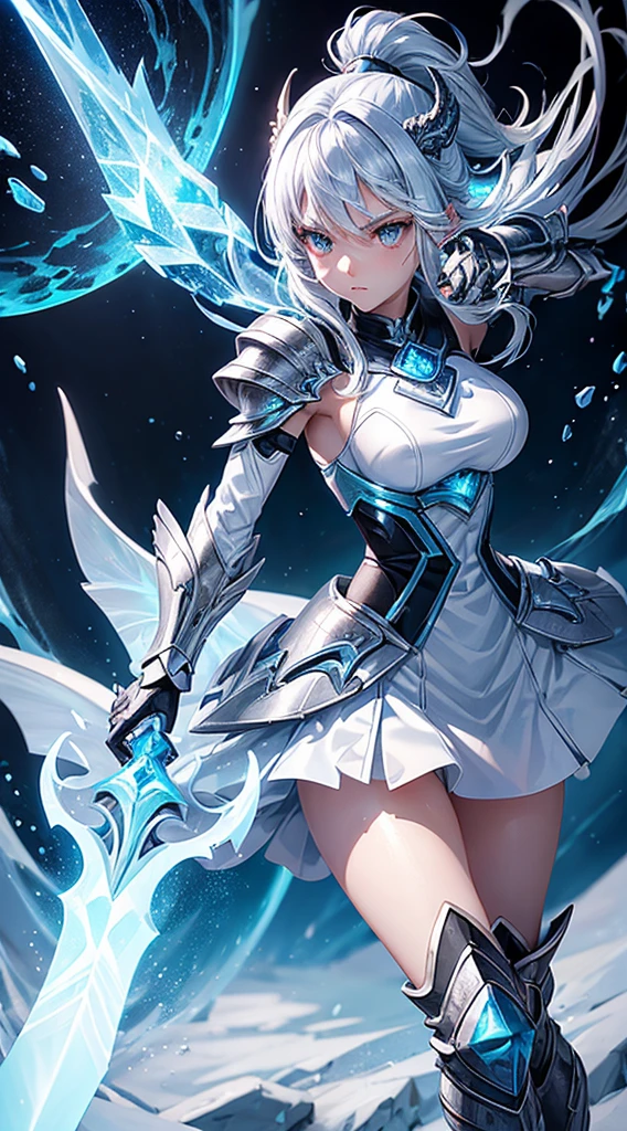 1  wear a Cryo Dragon Armor, Ice Elemental, Cyber Russia Background, Sky Blue Frost Aura Body, Archon Power, Silver Frost Hair, Light Gray Eye, Perfect Body, Holding Ice Dragon Sword, Love mood, very detailed, Fighting stance, Genshin Impact Style, detailed eyes, detailed face, Anime Art, Anime Style, Anime.