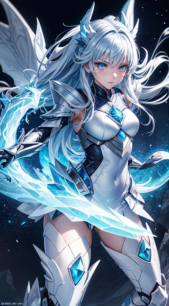 1 teen girl wear a Cryo Dragon Armor, Ice Elemental, Cyber Russia Background, Sky Blue Frost Aura Body, Archon Power, Silver Frost Hair, Light Gray Eye, Perfect Body, Holding Ice Dragon Sword, Love mood, very detailed, Fighting stance, Genshin Impact Style, detailed eyes, detailed face, Anime Art, Anime Style, Anime.