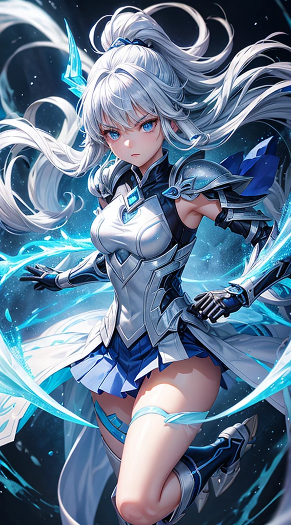 1  wear a Cryo Dragon Armor, Ice Elemental, Cyber Russia Background, Sky Blue Frost Aura Body, Archon Power, Silver Frost Hair, Light Gray Eye, Perfect Body, Holding Ice Dragon Sword, Love mood, very detailed, Fighting stance, Genshin Impact Style, detailed eyes, detailed face, Anime Art, Anime Style, Anime.