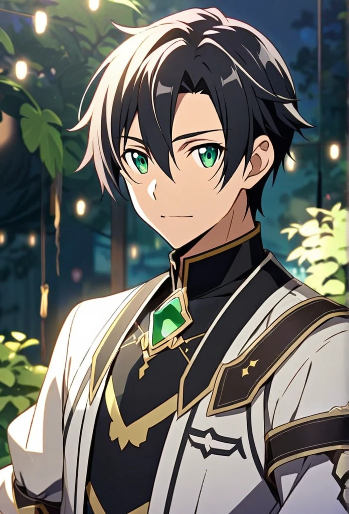 Handsome, solo, 1 male, short black hair, green eyes, white brown sword art online costume,